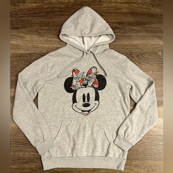 SOLD Disney | Minnie Mouse | Embroidered Flowers Bow Hoodie in Heather Gray LG - Picture 2 of 6